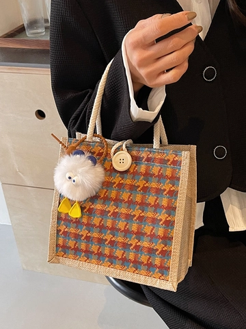 Japanische Retro Hahnentritt Baumwollleinen Tragetasche Für Damen Mini Lunch Handtasche Mit Holzknopf Seilgriff Und Entenanhänger