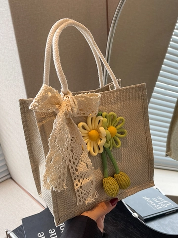 Borsa a Mano Donna in Cotone e Lino Stile Coreano Fiocco di Pizzo Fiori all'Uncinetto Borsa a Tracolla Casual Literaria