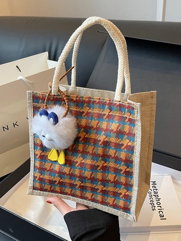 Japanische Retro Hahnentritt Baumwollleinen Tragetasche Für Damen Mini Lunch Handtasche Mit Holzknopf Seilgriff Und Entenanhänger