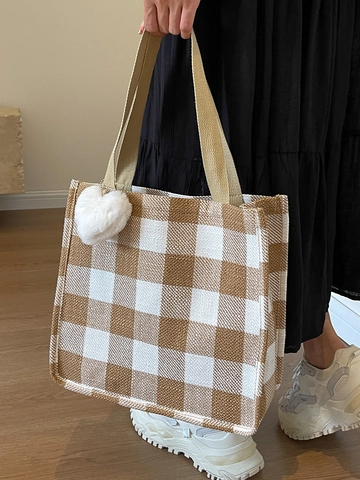 Moda Borsa Tote a Quadri in Lana Grande Capacità Donna Pendolare Borsa a Mano Con Ciondolo in Peluche Borsa a Tracolla Studente