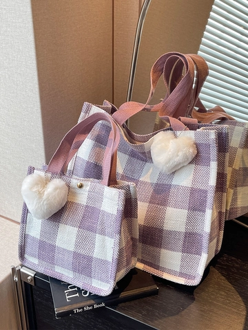 Women Fashion Gingham Canvas Tote Bag Large Capacity Checkered Shoulder Bag With Heart Plush Pendant Casual Commute Top Handle Bag