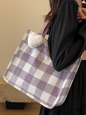 Women Fashion Gingham Canvas Tote Bag Large Capacity Checkered Shoulder Bag With Heart Plush Pendant Casual Commute Top Handle Bag