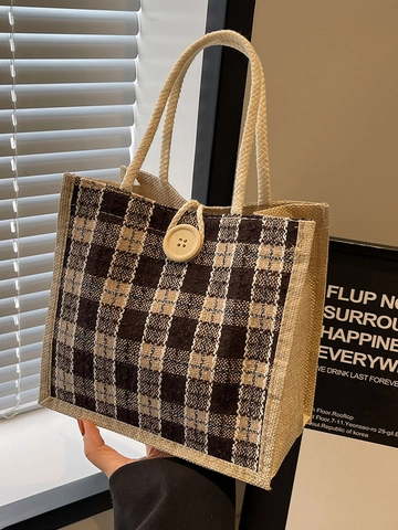 Borsa da Pranzo Vintage in Lino di Cotone a Quadri per Donna Ufficio Quotidiano Piccola Borsa Tote Quadrata Con Manico in Corda