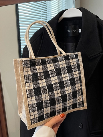 Borsa da Pranzo Vintage in Lino di Cotone a Quadri per Donna Ufficio Quotidiano Piccola Borsa Tote Quadrata Con Manico in Corda