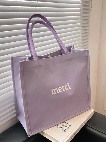 Sac Fourre tout en Toile Grande Capacité pour Femme avec Imprimé Merci Sac à Main Décontracté Sac de Shopping pour École