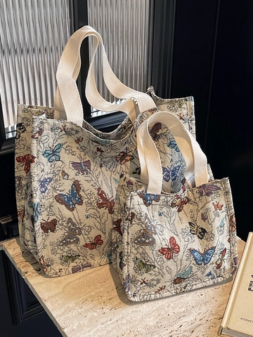Borsa Tote da Donna in Tela con Stampa a Farfalla Grande Capacità Vintage Jacquard Borsa a Spalla Estetica Floreale Shopping