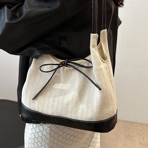 Vintage Herringbone Canvas Splicing Tote Bag For Women Large Capacity Shoulder Bag With Bow Decoration Fashion Commuter Handbag