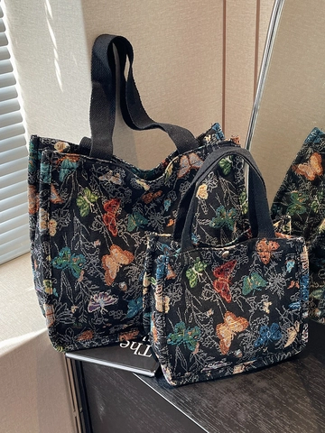 Borsa Tote da Donna in Tela con Stampa a Farfalla Grande Capacità Vintage Jacquard Borsa a Spalla Estetica Floreale Shopping