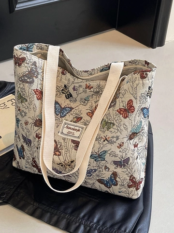 Borsa Tote in Tela Jacquard con Farfalle Vintage per Donna Borsa a Tracolla di Grande Capacità Borsa a Mano Retro Floreale
