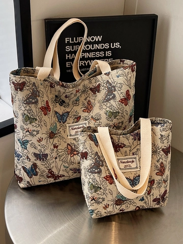 Borsa Tote in Tela Jacquard con Farfalle Vintage per Donna Borsa a Tracolla di Grande Capacità Borsa a Mano Retro Floreale