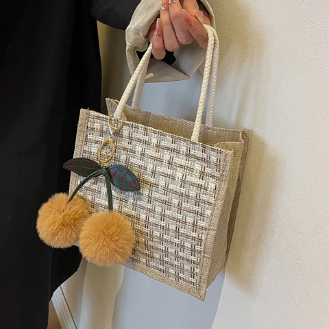 Damen Vintage Gewebte Leinentasche Mode Plaid Muster Handgehaltene Bento Lunchbox Tasche Mit Kirsch Plüsch Anhänger Kleine Schultertasche