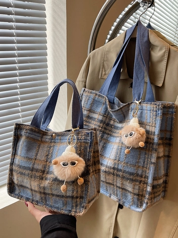 Borsa Tote a Quadri in Lana da Donna Grande Capacità Borsa a Tracolla per Studenti delle Superiori Con Ciondolo Mostro in Peluche Retrò
