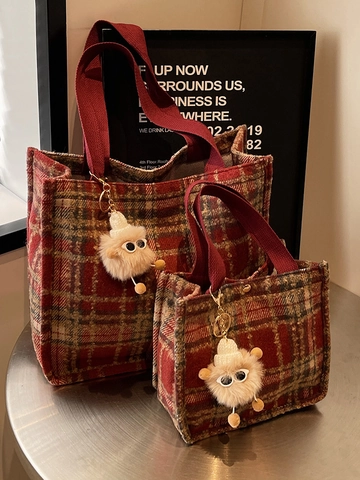 Borsa Tote a Quadri in Lana da Donna Grande Capacità Borsa a Tracolla per Studenti delle Superiori Con Ciondolo Mostro in Peluche Retrò