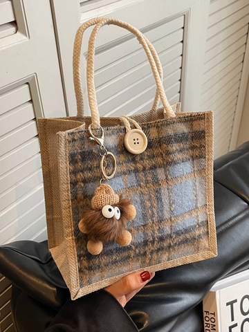 Dames Vintage Ruitjes Linnen Schoudertas Zakelijk Casual Patchwork Handtas Met Pluche Hanger Kleine Tote Bag