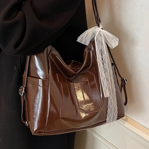 Borsa a Tracolla Donna Grande Capacità in Pelle PU Lucida Borsa Tote Vintage Con Decorazione Fiocco in Pizzo Borsa Urbana