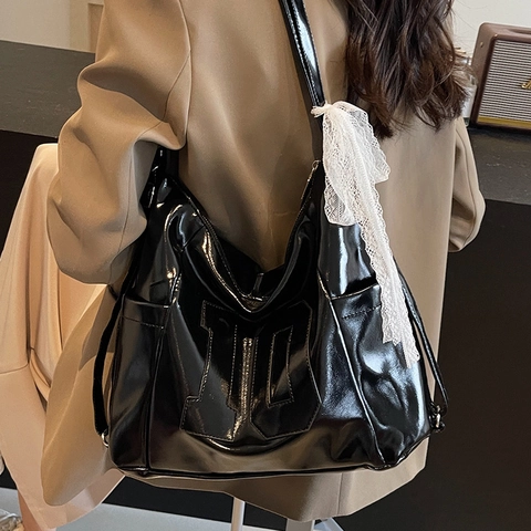 Borsa a Tracolla Donna Grande Capacità in Pelle PU Lucida Borsa Tote Vintage Con Decorazione Fiocco in Pizzo Borsa Urbana