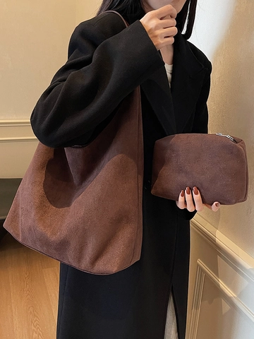 Minimalist Velvet Large Capacity Shoulder Bag For Women Retro Solid Color Versatile Daily Commute Tote Underarm Bag