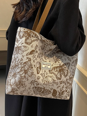 Vintage Butterfly Floral Print Canvas Tote Bag For Women Large Capacity Shopping Shoulder Bag With Zipper Lining