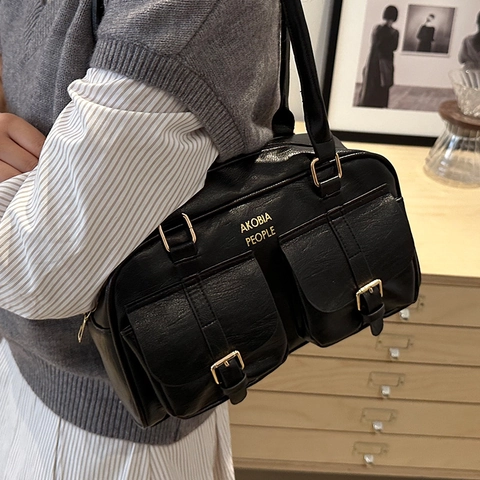 Borsa a Tracolla da Donna Retro in Pelle PU Grande Capacità Elegante Borsa Boston Con Tasche Anteriori e Dettagli Dorati