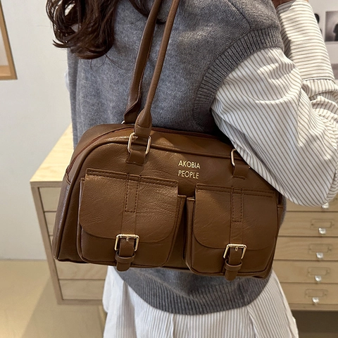 Borsa a Tracolla da Donna Retro in Pelle PU Grande Capacità Elegante Borsa Boston Con Tasche Anteriori e Dettagli Dorati