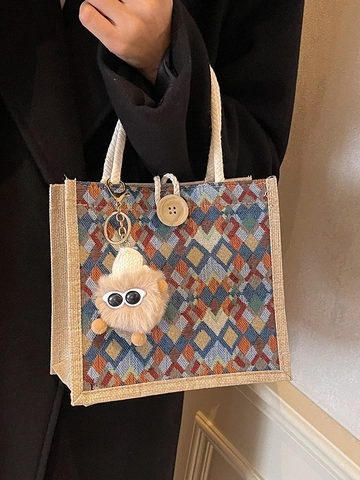 Damen Nische Retro Geometrische Rautenmuster Gewebte Tragetasche Leinen Kleine Handtasche Mit Holzknopf Baumwollseilgriff