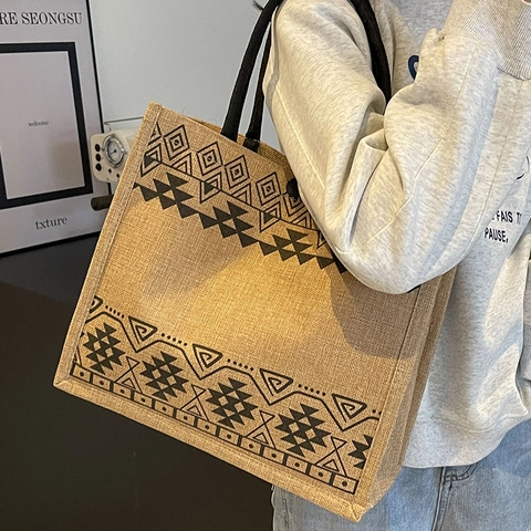 Große Kapazität Jute Shopper Für Damen Mode Ethno Geometrisch Bedruckt Schultertasche Retro Lässig Handtasche Für Den Alltag