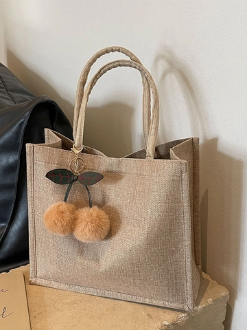 Borsa Tote in Cotone e Lino di Grande Capacità per Donna Con Ciondolo a Ciliegia in Peluche Borsa a Tracolla Quadrata Moda