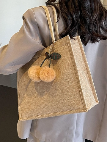 Borsa Tote in Cotone e Lino di Grande Capacità per Donna Con Ciondolo a Ciliegia in Peluche Borsa a Tracolla Quadrata Moda