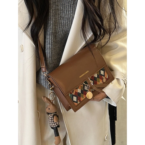 Vintage Women PU Leather Crossbody Bag With Geometric Weaving Patchwork Fashion Small Square Shoulder Bag With Charm