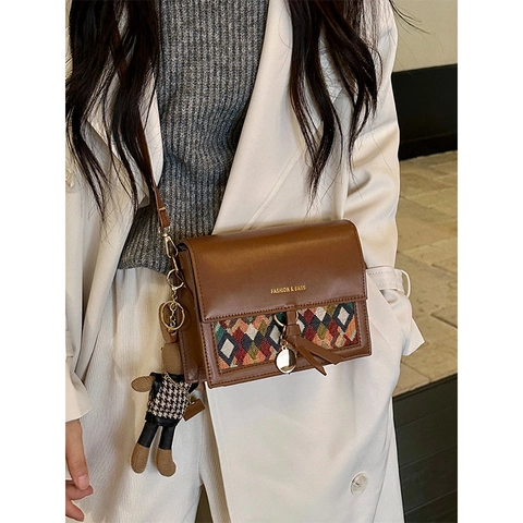 Vintage Women PU Leather Crossbody Bag With Geometric Weaving Patchwork Fashion Small Square Shoulder Bag With Charm