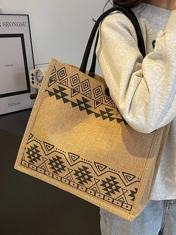 Sac Cabas en Coton et Lin Grande Capacité pour Femmes Mode Imprimé Géométrique Ethnique Sac à Main Épaule Jute Shopping