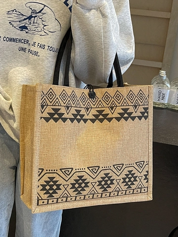 Sac Cabas en Coton et Lin Grande Capacité pour Femmes Mode Imprimé Géométrique Ethnique Sac à Main Épaule Jute Shopping