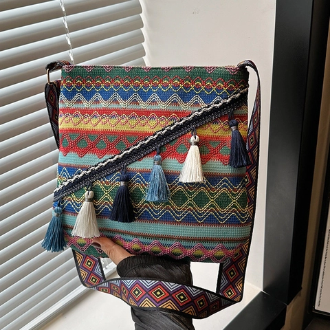 Böhmische Ethnische Gewebte Schultertasche Große Kapazität Spitze Quaste Geometrische Muster Damen Umhängetasche Für Urlaub Reisen
