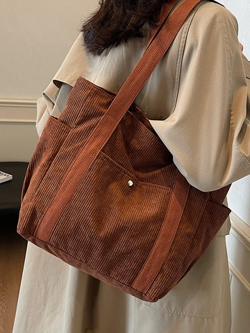 Women Large Capacity Corduroy Tote Bag Autumn Winter Fashion Shoulder Bag Versatile Solid Color Underarm Handbag Commuting Bag