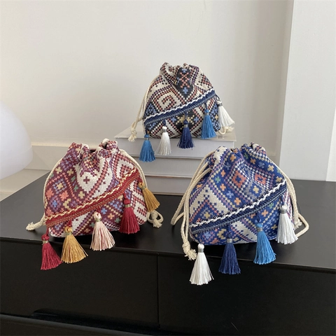 Bolso Cubo de Lona Estilo Étnico Retro para Mujer Pequeño Bolso Bandolera Tejido Geométrico con Borlas Bolso Casual