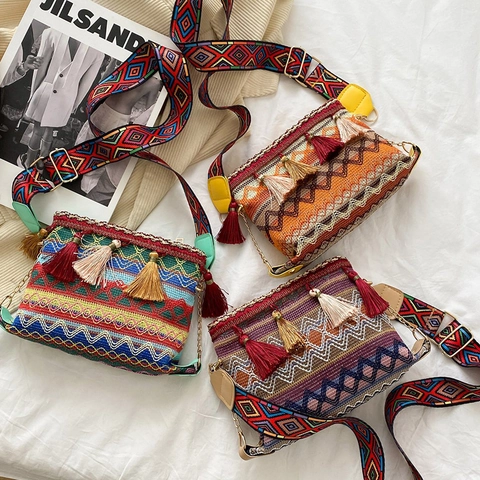 Borsa a Tracolla da Donna in Stile Etnico Bohemien Intrecciata Con Nappine Motivo Geometrico Borsa a Tracolla a Tracolla Larga