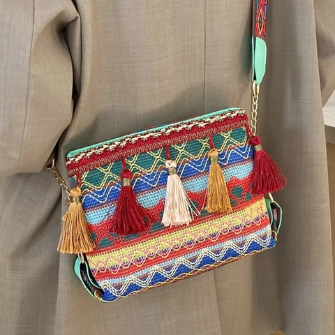 Borsa a Tracolla da Donna in Stile Etnico Bohemien Intrecciata Con Nappine Motivo Geometrico Borsa a Tracolla a Tracolla Larga