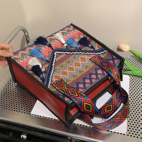 Damen Bohemian Ethnisch Gewebte Tragetasche Große Kapazität Geometrische Muster Fransen Handtasche Vintage Baumwolle Schultertasche