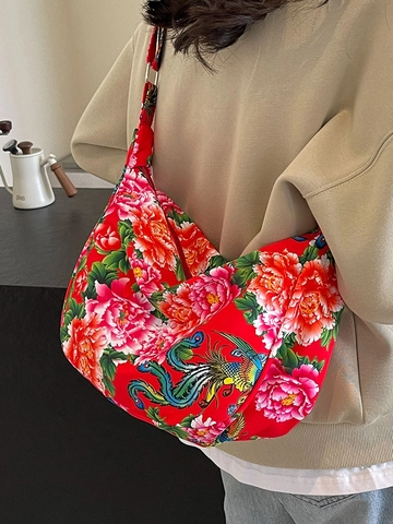 Women Large Capacity Nylon Shoulder Bag Chinese Folk Style Peony Phoenix Print Hobo Crossbody Bag Urban Fashion Handbag