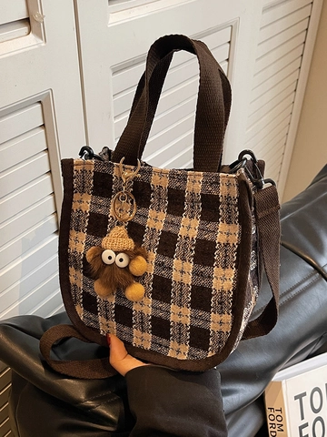 Borsa a Tracolla in Lana a Scacchiera Retrò per Donna Borsa a Mano Plaid alla Moda Con Ciondolo di Peluche Borsa Quadrata Casual