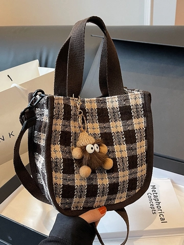 Borsa a Tracolla in Lana a Scacchiera Retrò per Donna Borsa a Mano Plaid alla Moda Con Ciondolo di Peluche Borsa Quadrata Casual