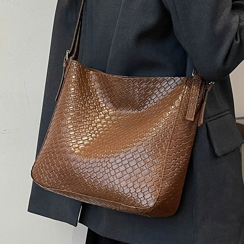 Gewebte Umhängetasche Für Damen Vintage PU Leder Tragetasche Große Kapazität Pendeln Hobo Tasche Mit Innentasche Handtasche Mode