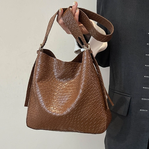 Gewebte Umhängetasche Für Damen Vintage PU Leder Tragetasche Große Kapazität Pendeln Hobo Tasche Mit Innentasche Handtasche Mode