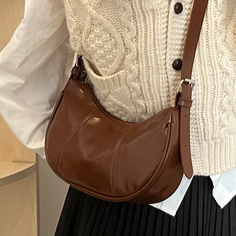 Borsa a Tracolla Hobo a Mezzaluna in Pelle PU Donna Moda Minimalista con Cuciture Tracolla Regolabile Borsa Sottobraccio Versatile