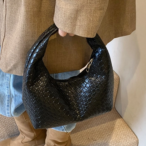 Schicke Gewebte PU-Leder Hobo Umhängetasche Für Damen Vintage Flechtdesign Knotengriff Unterarmtasche Minimalistische Handtasche
