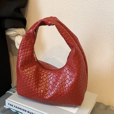 Schicke Gewebte PU-Leder Hobo Umhängetasche Für Damen Vintage Flechtdesign Knotengriff Unterarmtasche Minimalistische Handtasche
