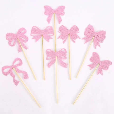 Pink Glitter Paper Bowknot Cake Toppers For Birthday Wedding Party Girls Baking Decoration Supplies
