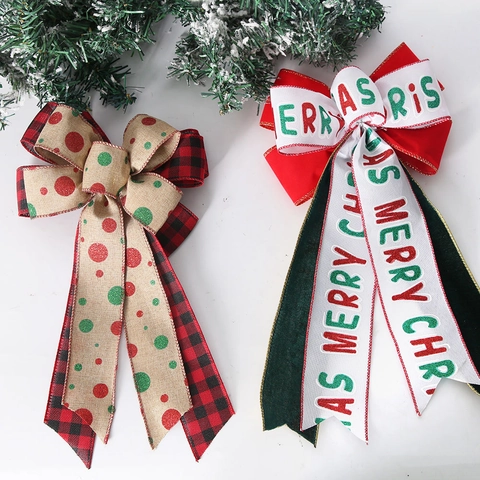 Grande Fiocco Decorativo Natalizio Punta per Albero Rosso Verde Velluto Stampa Merry Christmas Lino Buffalo Plaid Pois