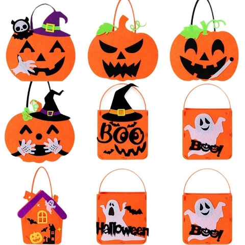 Halloween Felt Handbag For Kids Trick Or Treat Candy Bag Pumpkin Ghost Bat Witch Hat Design Festive Party Decoration Gift Bag