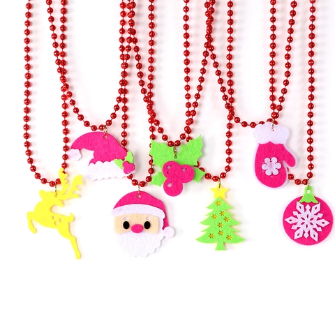 Fluorescent Christmas Necklace For Kids Party Cartoon Plastic Bead Chain With Felt Pendant Santa Reindeer Xmas Tree Gift